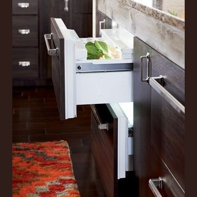 Open kitchen cabinetry with panel-ready refrigerator drawers integrated for seamless appliance installation