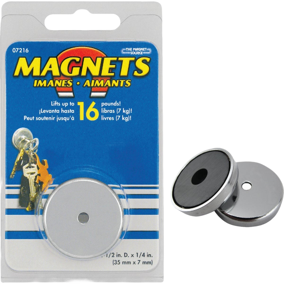 Pair of silver round magnets with plastic packaging labeled for lifting up to 16 pounds in hardware and office supplies collections