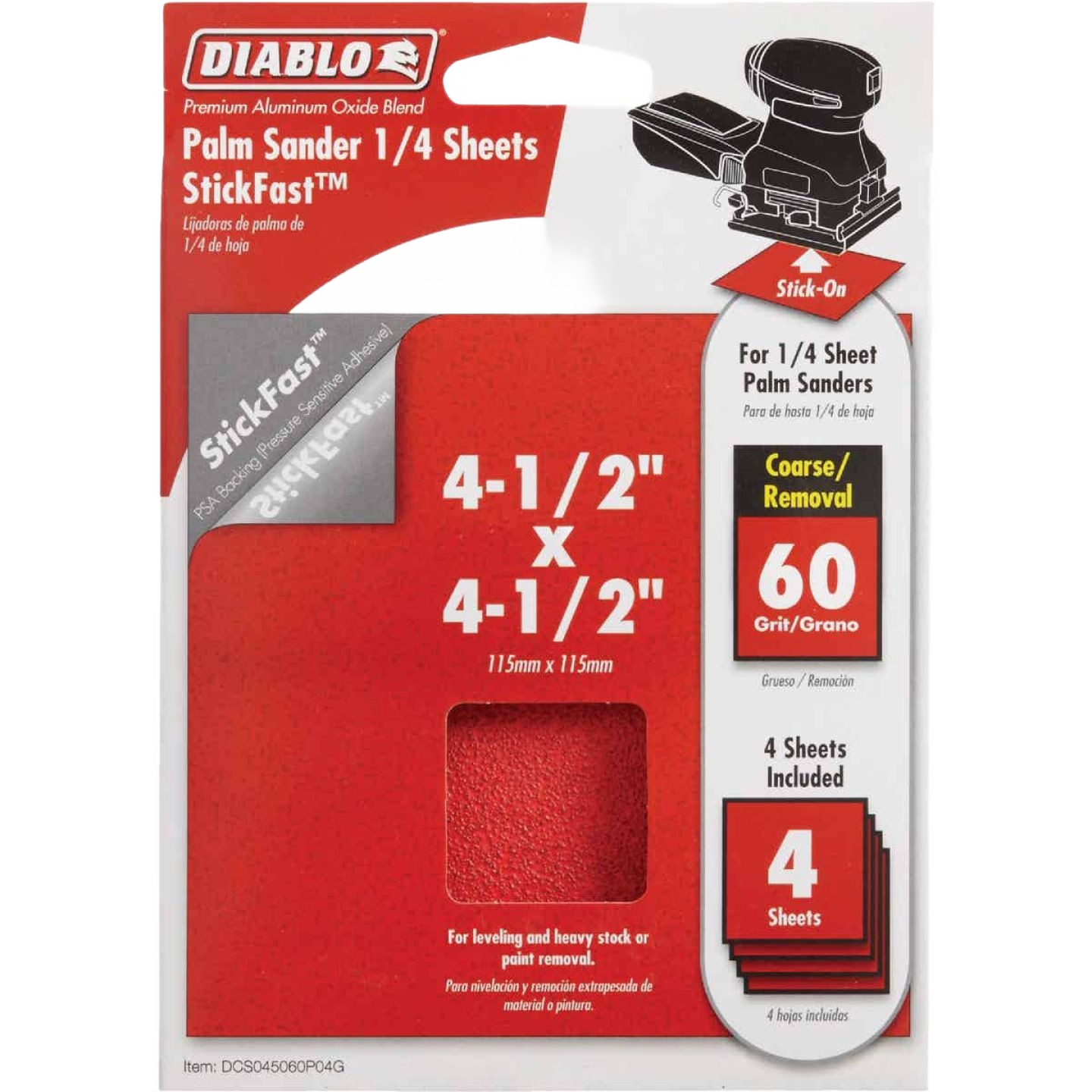 Red 60-grit sandpaper sheets in 4-pack for palm sanders, designed for paint removal and heavy stock sanding tasks