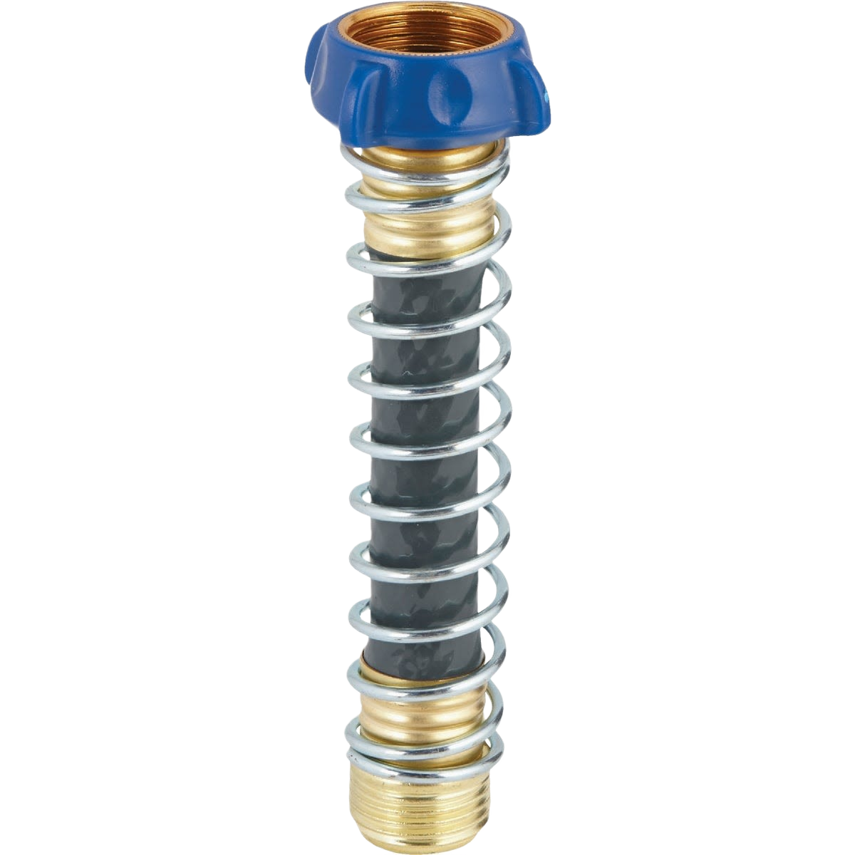Brass and PVC flexible hose connector with kink-resistant coil and blue grip collar for watering and irrigation tools under $50