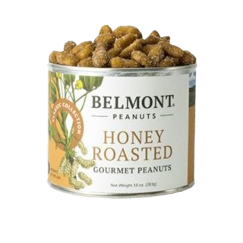 Tin of Belmont honey roasted gourmet peanuts with a golden honey glaze in the Food & Beverage collection