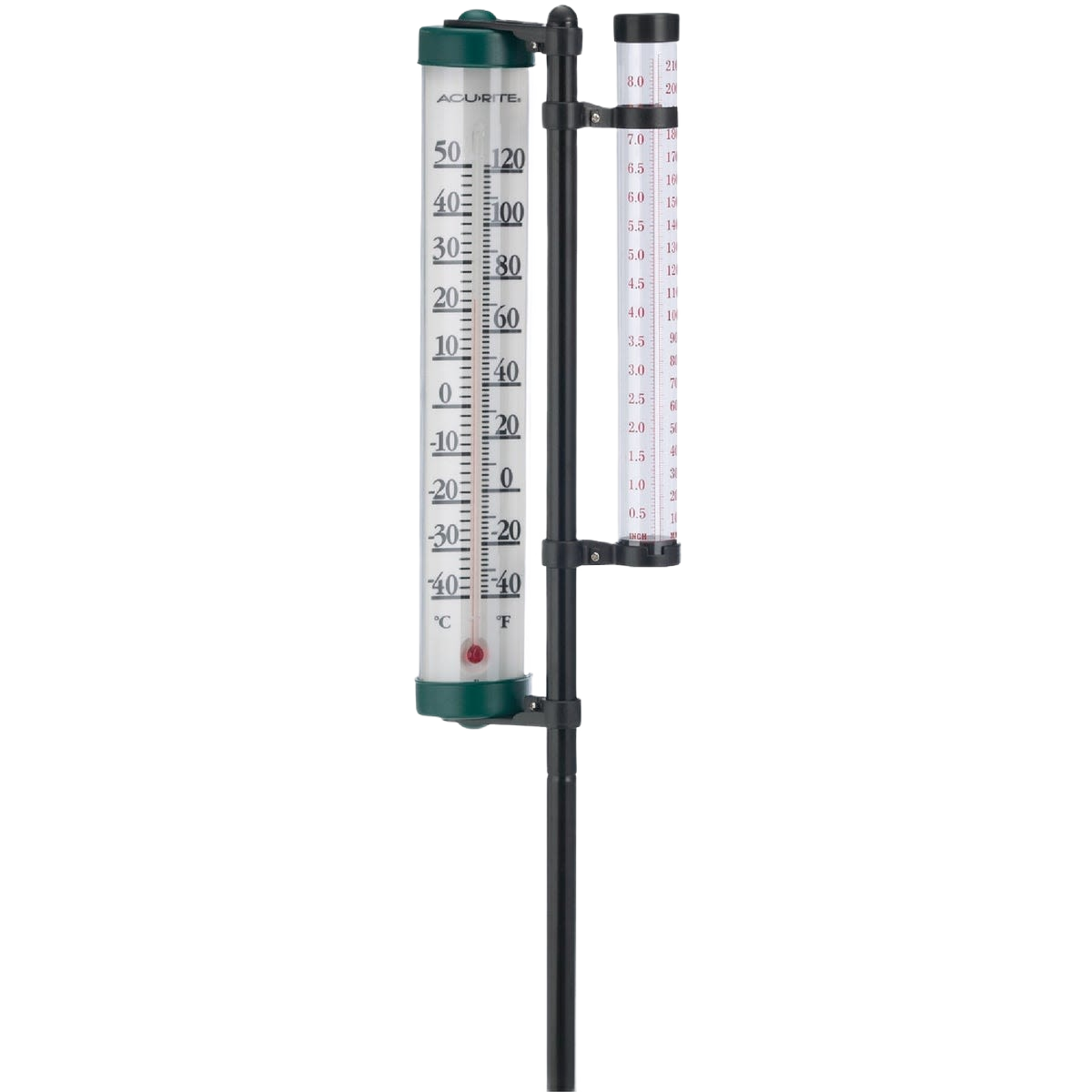 Outdoor rain gauge and thermometer combo mounted on a black stake for home improvement and weather monitoring use