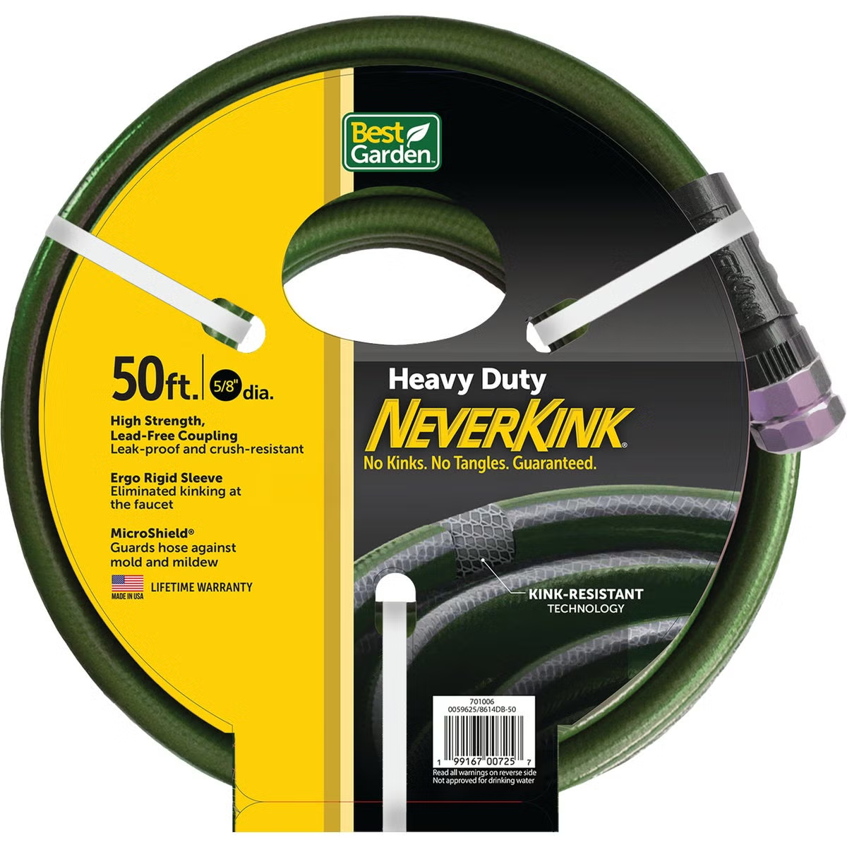 Heavy-duty garden hose, 50 ft. long with kink-resistant design, lead-free aluminum couplings, and mildew protection, ideal for watering and irrigation tasks.