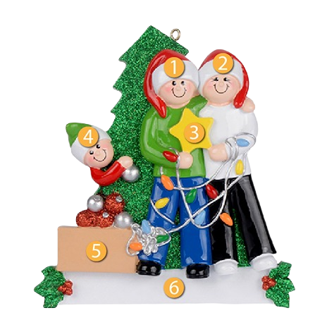 Family of three with festive hats draping colorful Christmas lights by glittery tree in Christmas Ornaments collection