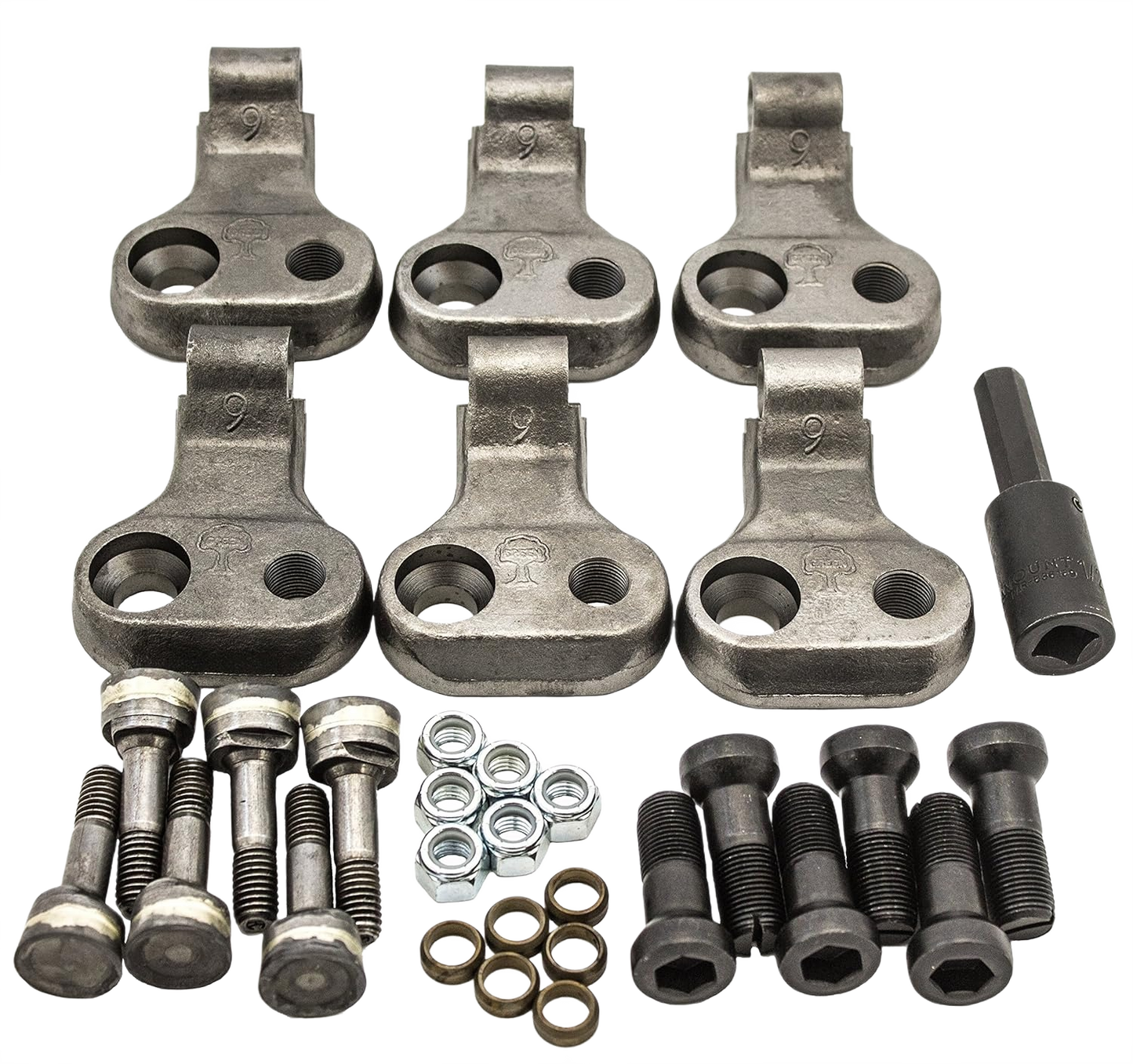 Set of heavy-duty metallic cutting teeth and bolts for stump grinder upgrade, designed for enhanced performance, ideal for Parts & Lubricants and All Products collections.
