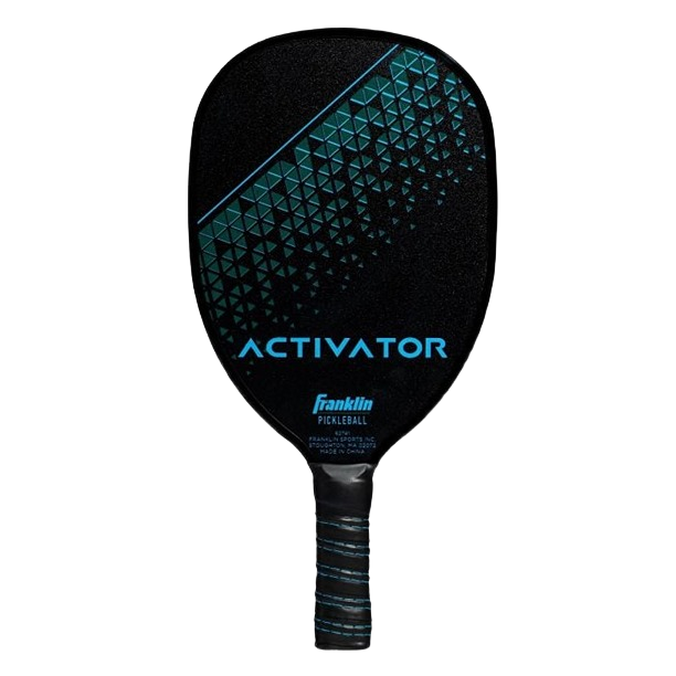 Blue and black Franklin pickleball paddle with geometric pattern and wrapped grip for outdoor games under $50