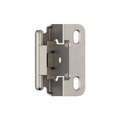 Partial wrap cabinet hinge with satin nickel finish designed for self-closing home improvement applications