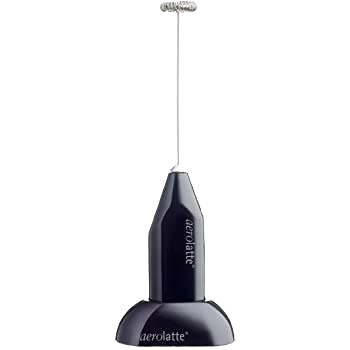 Black hand-held battery-operated milk frother with stainless steel whisk, part of kitchen gadgets and tools collection