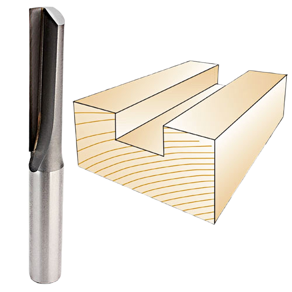 Straight single flute router bit next to wood piece with dado cut for woodworking and tool accessories collections