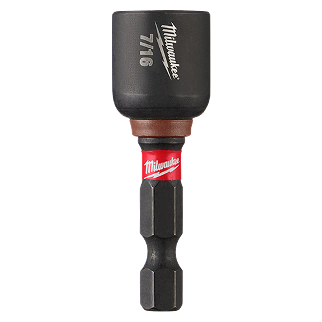 7/16 inch magnetic nut driver with black heat-treated steel and red Milwaukee branding for power tool accessories