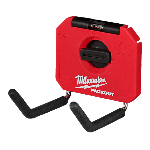 Red Milwaukee PACKOUT 4-inch hook with black mounting dial and padded metal hooks for tool storage and garage organization