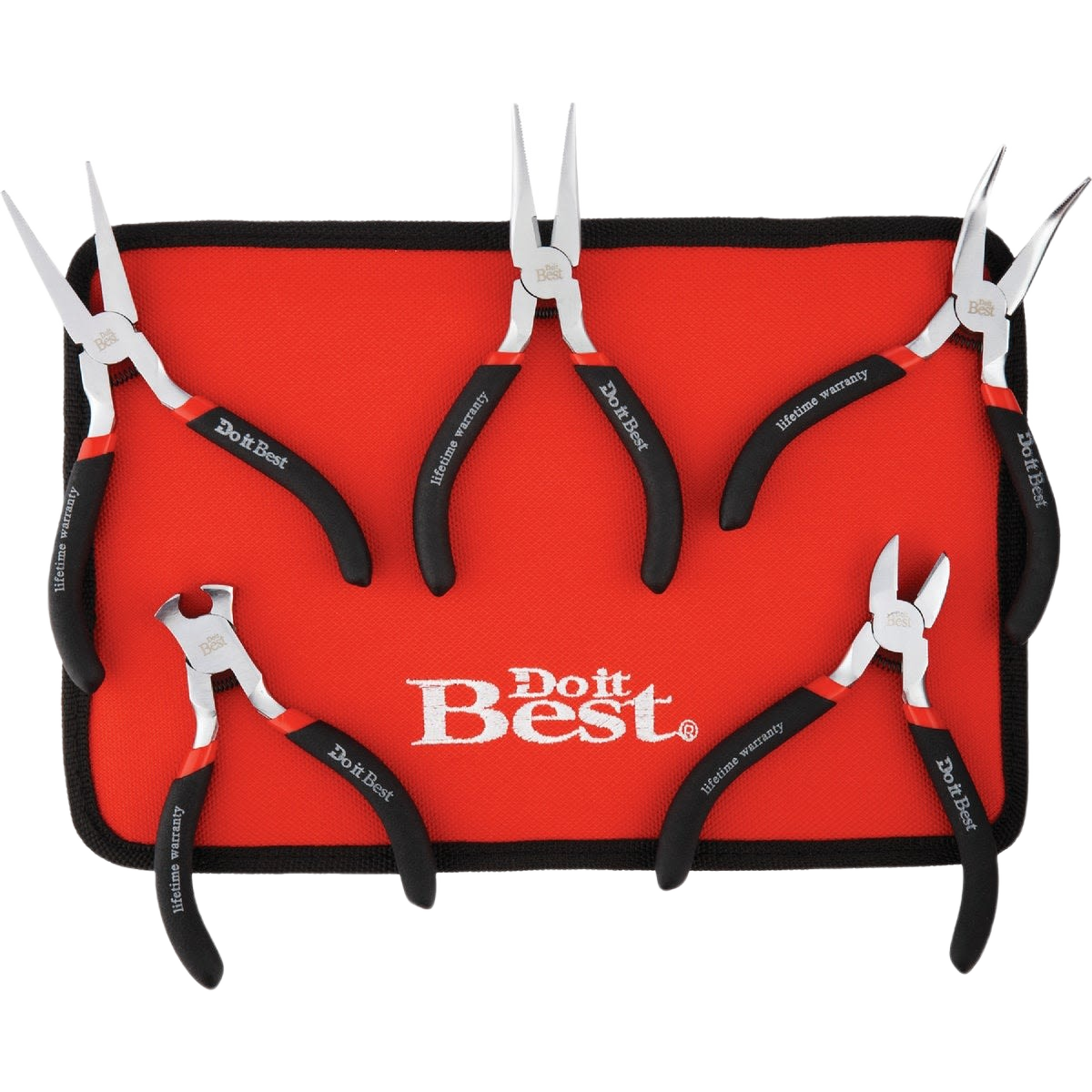 Set of five precision hobby pliers with black handles on a red Do it Best branded tool mat for home use