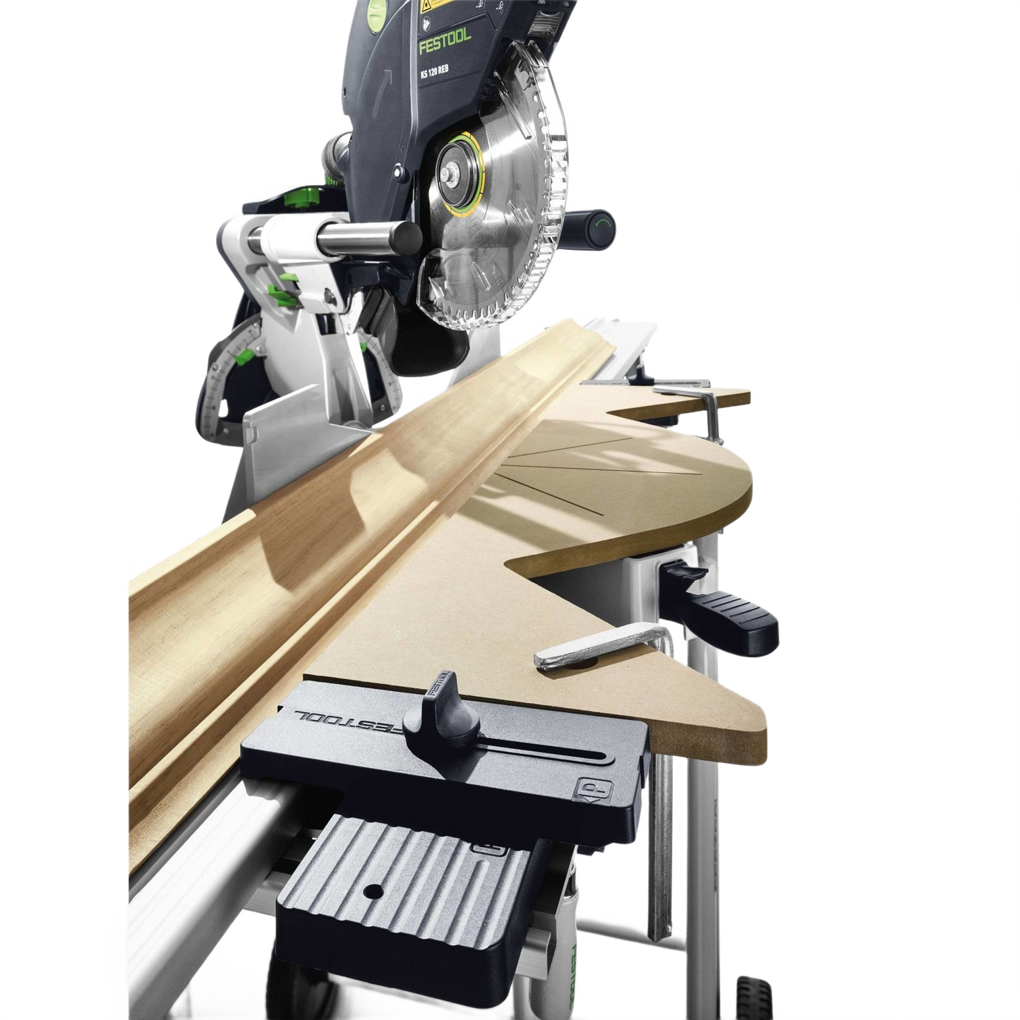 Contoured Festool Kapex crown support board holding molding steady on a miter saw in tool accessory setup