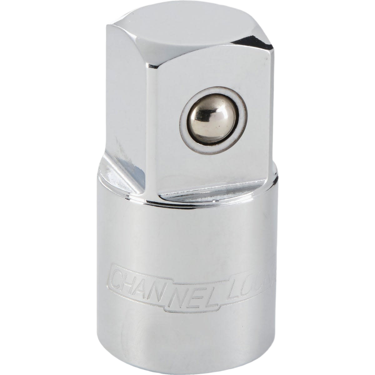 Chrome-plated socket adapter with engraved brand name for tool and home improvement use