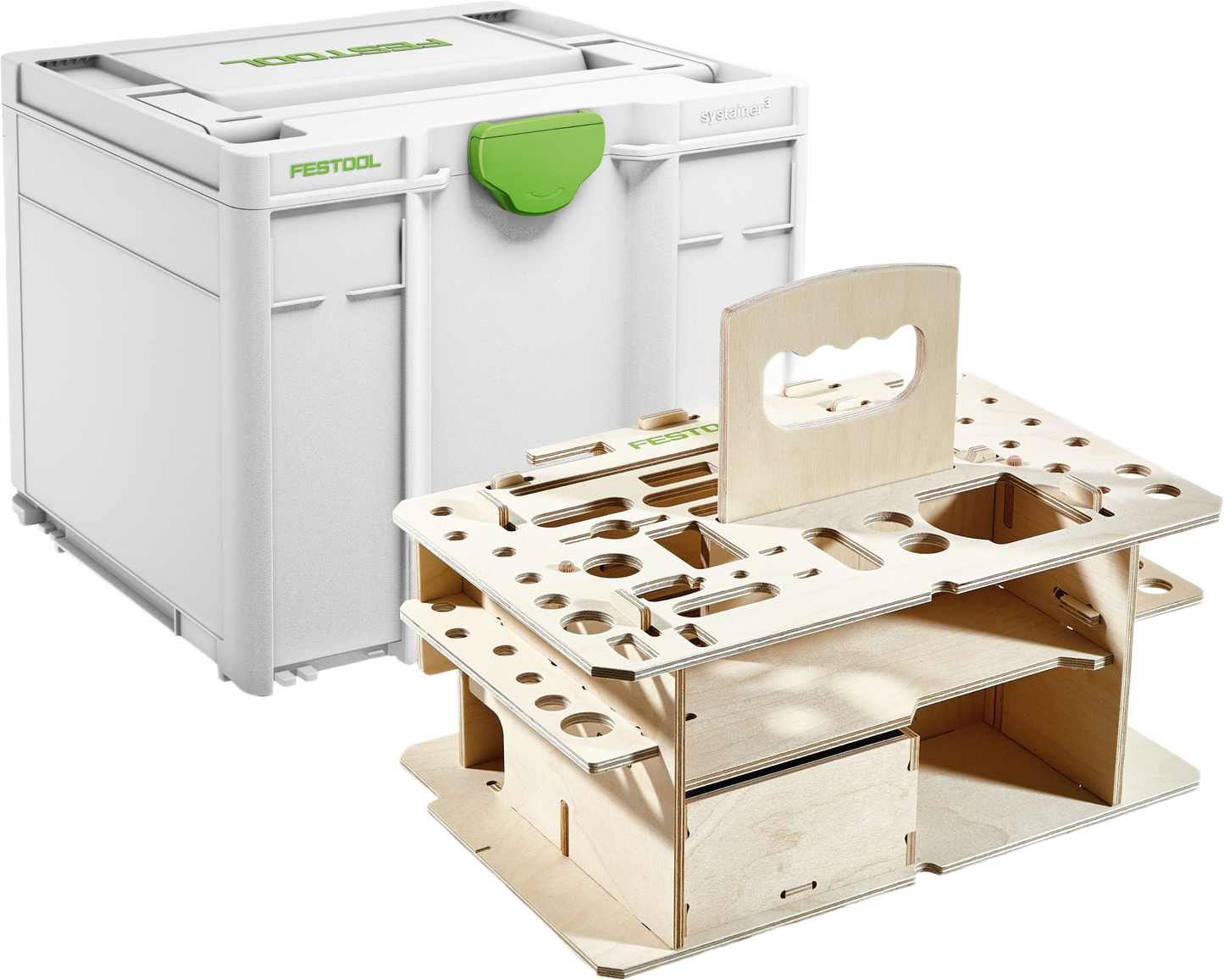 Compact white Festool tool storage box with wooden organizer insert for efficient workshop and jobsite tool organization