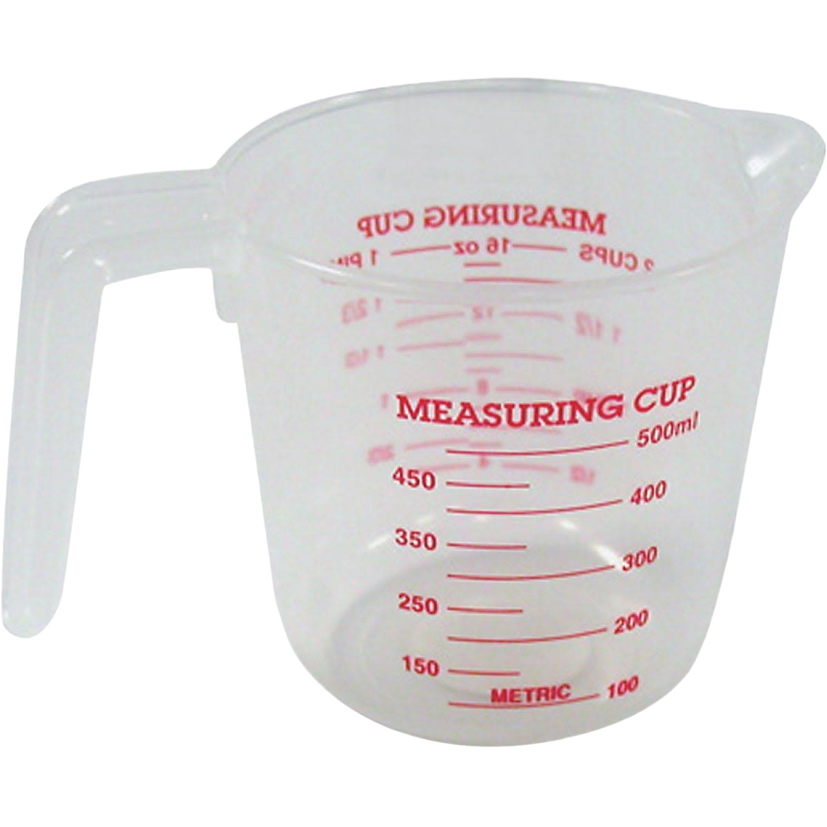 Clear plastic measuring cup with red metric and standard unit markings for precise kitchen measurements under $25