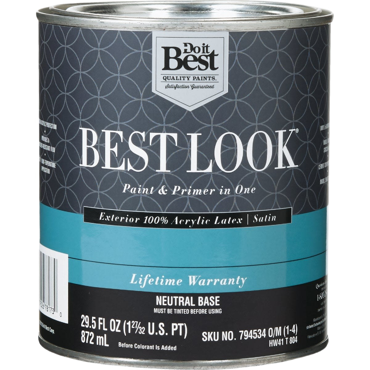 One-quart can of neutral base exterior satin latex paint with primer, ideal for home improvement projects under $50