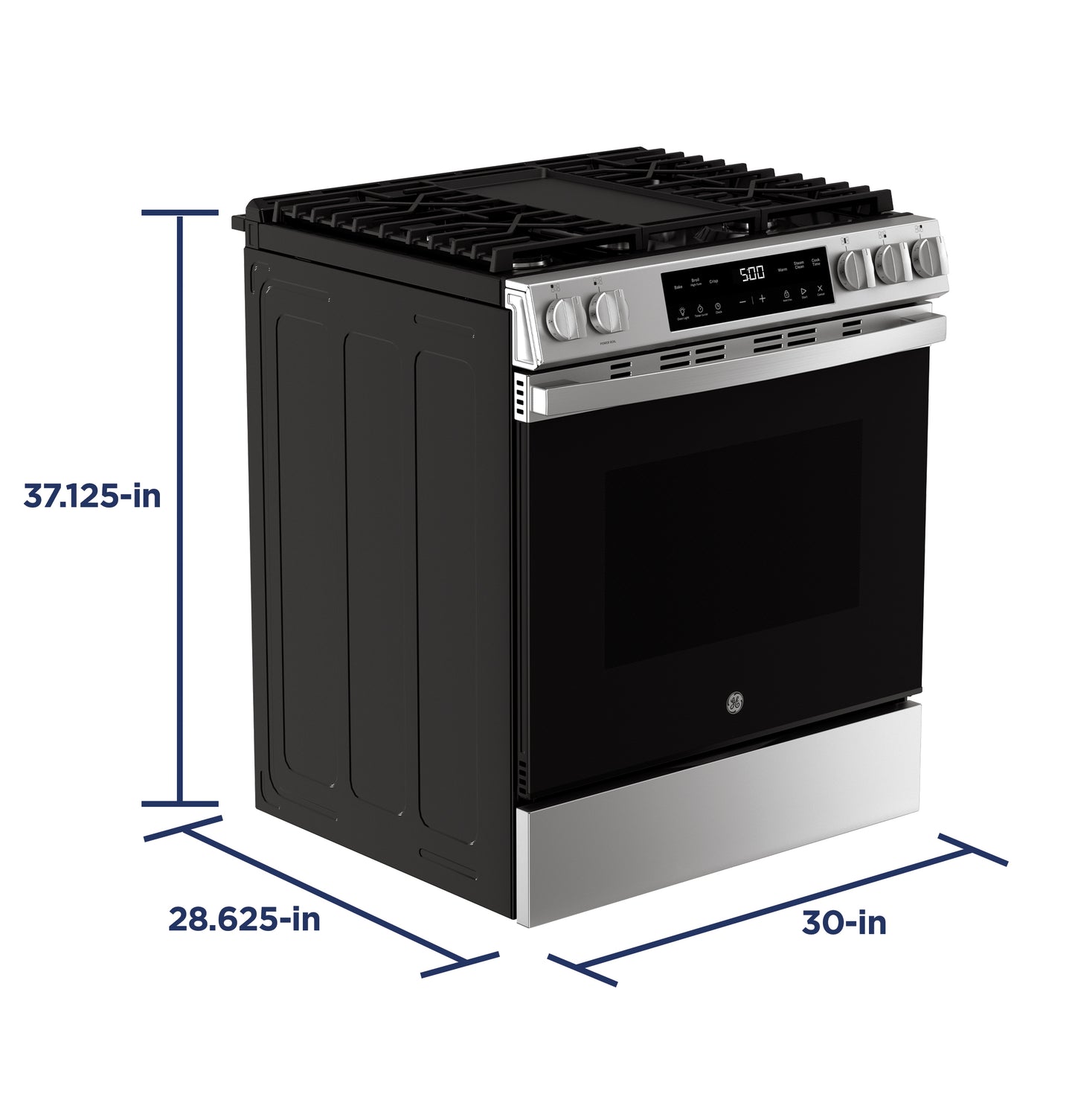 Modern slide-in gas range with front controls, digital display, and stainless steel finish in kitchen appliance setting
