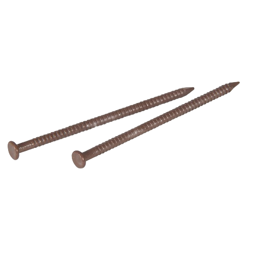 Two black walnut colored panel nails with flat heads for indoor woodworking and home improvement projects