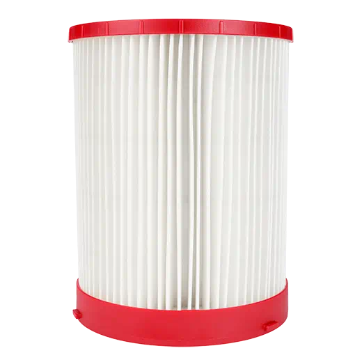 Large cylindrical HEPA vacuum filter with red top and base for wet and dry dust collection tools and home improvement