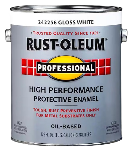 One-gallon can of white gloss enamel paint with protective rust-preventive finish in specialty paint collection under $100