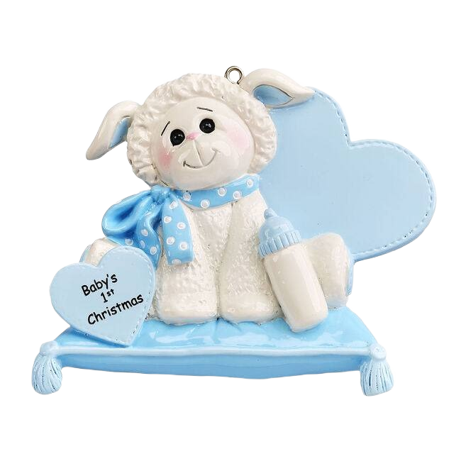 Cute blue-accented baby lamb ornament holding bottle and heart for Christmas Ornaments & Tree Decorations under $50 collection