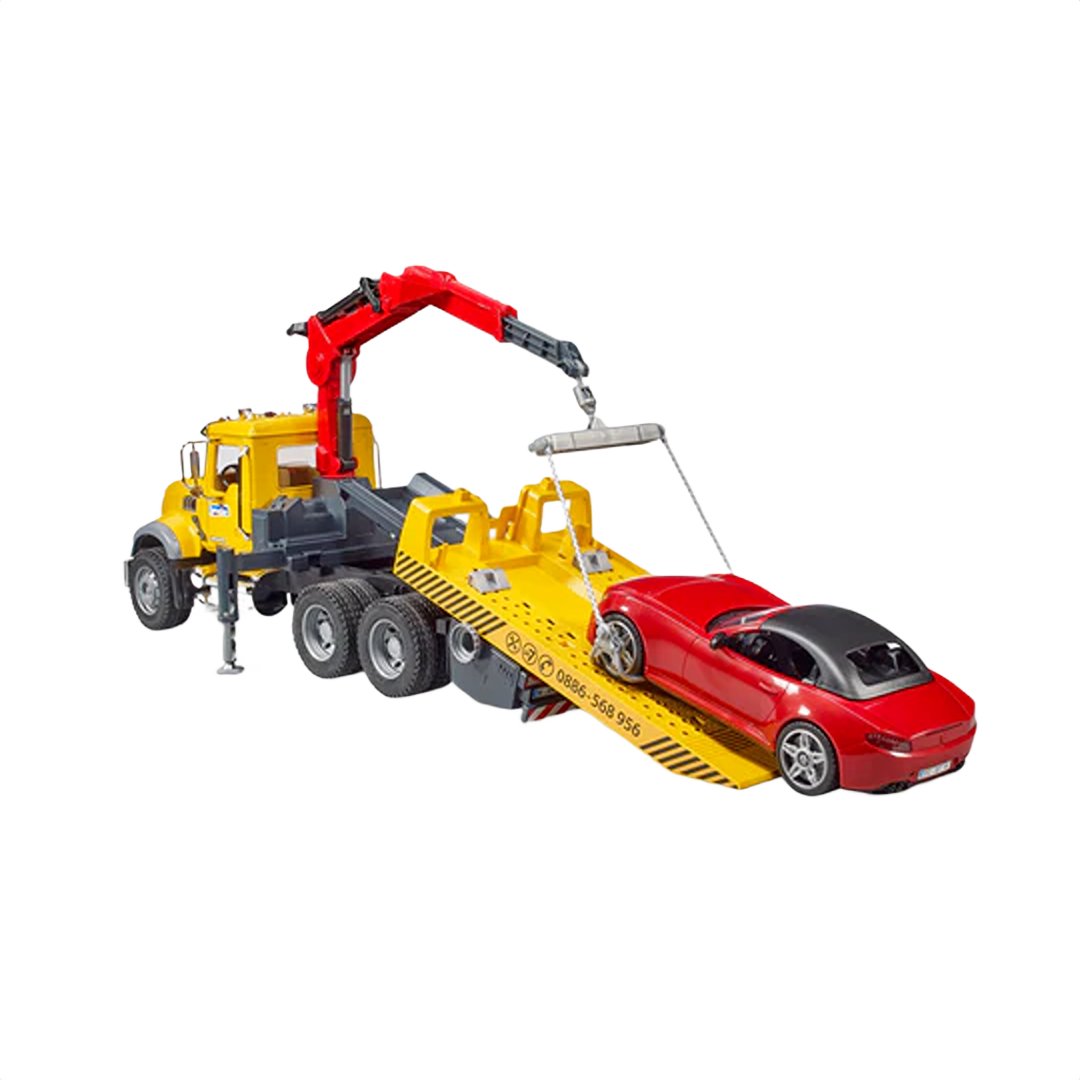 Yellow and black toy heavy-duty tow truck lifting a red roadster for kids' vehicle rescue play scenarios