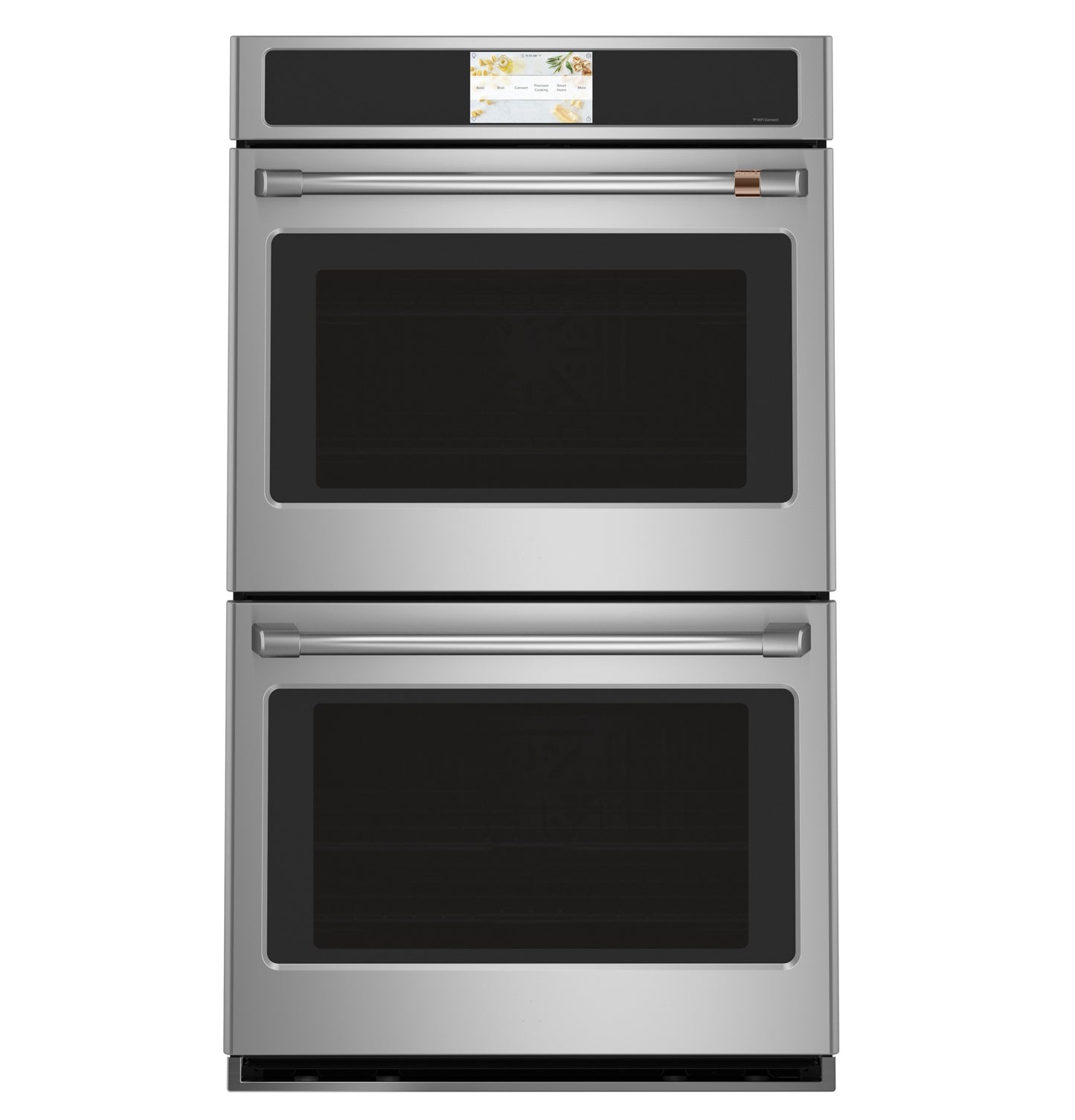 Stainless steel smart double wall oven with digital touchscreen control in modern kitchen appliance collection
