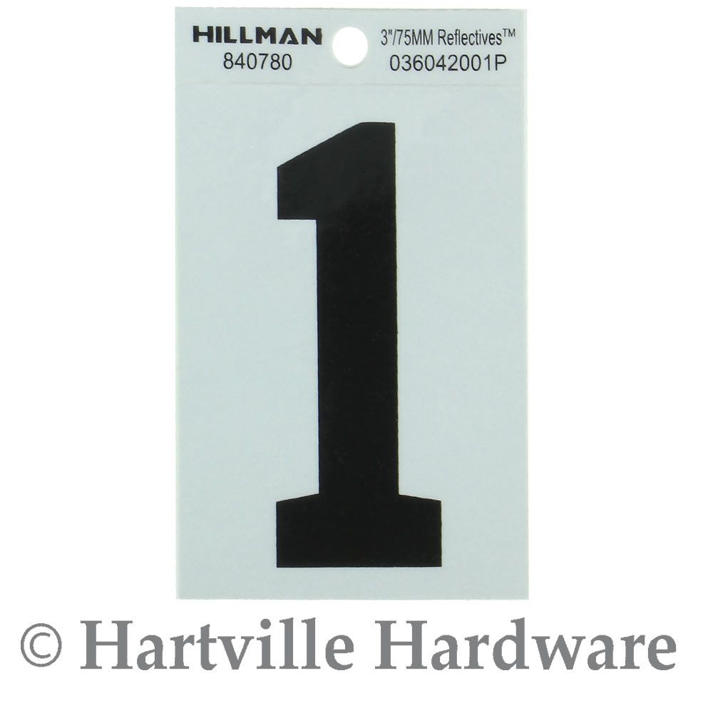 Black adhesive house number 1 with reflective silver backing for home improvement and exterior identification.