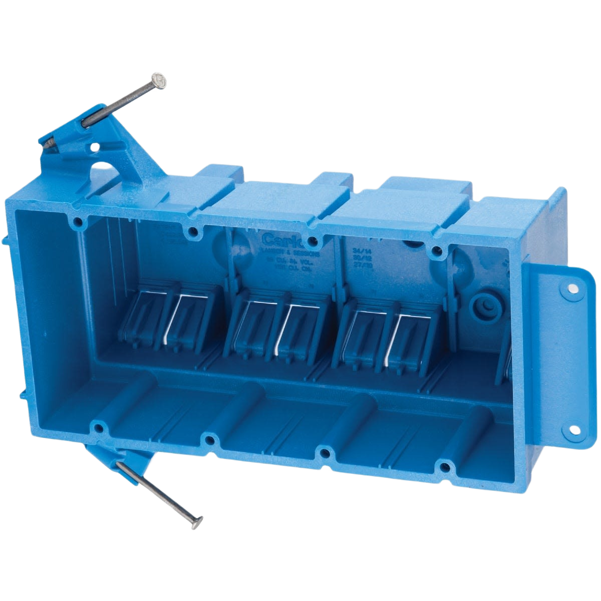 Blue 4-gang electrical wall box with metal mounting brackets for home improvement and wiring projects