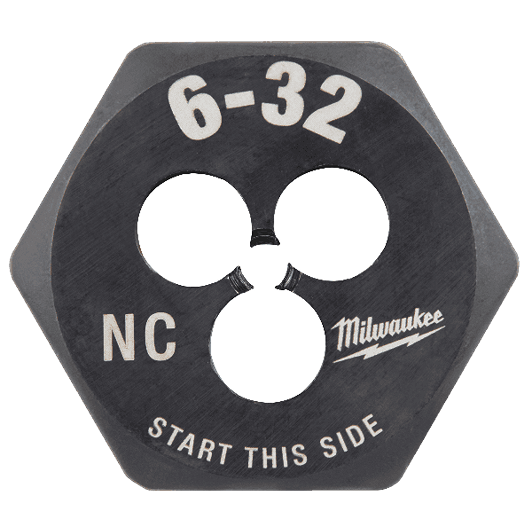 Hexagonal threading die tool for 6-32 NC screws with engraved size and direction details for threading tasks