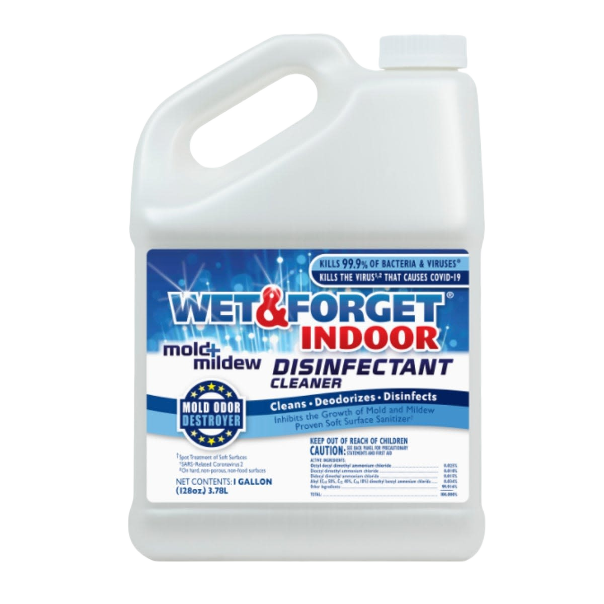 One gallon container of Wet & Forget indoor mold and mildew disinfectant cleaner for home cleaning supplies
