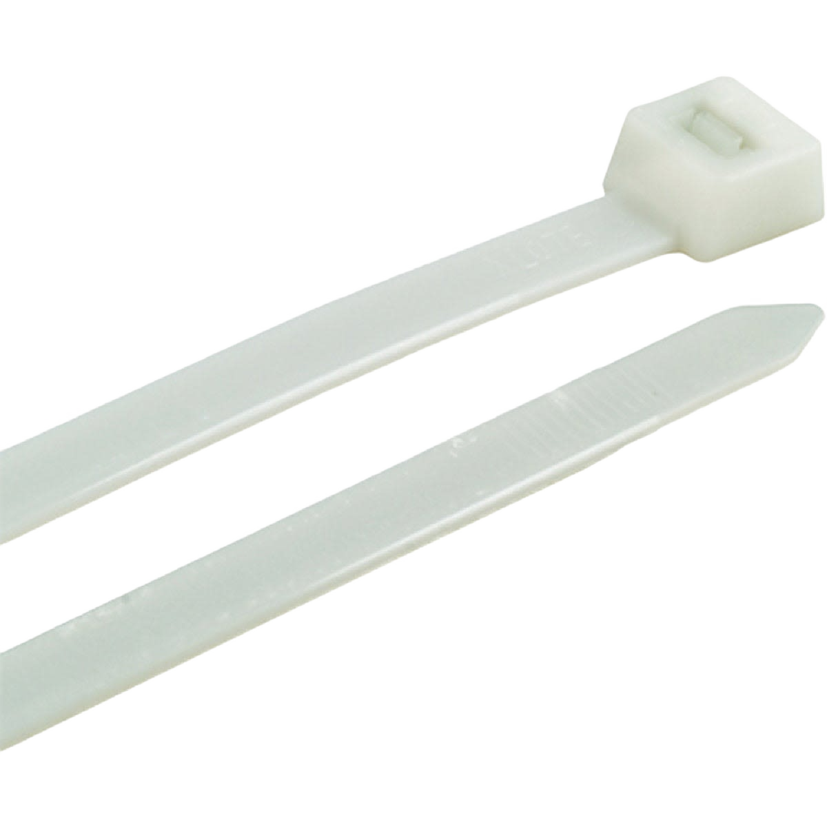 White heavy-duty nylon cable ties with locking heads for securing and bundling cables in tools and home improvement use