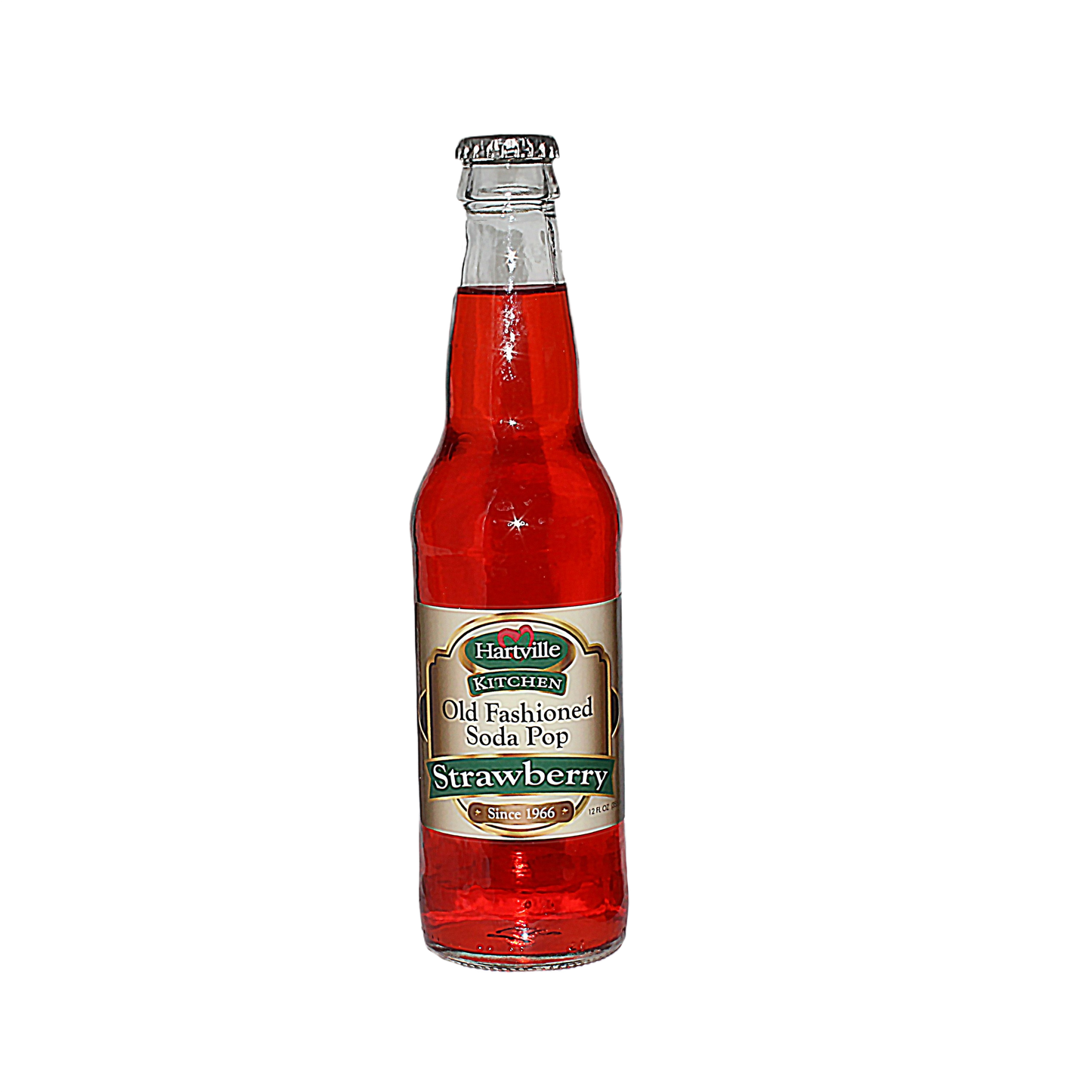 Glass bottle of Hartville Kitchen old fashioned strawberry soda pop in drinks and food beverage collections