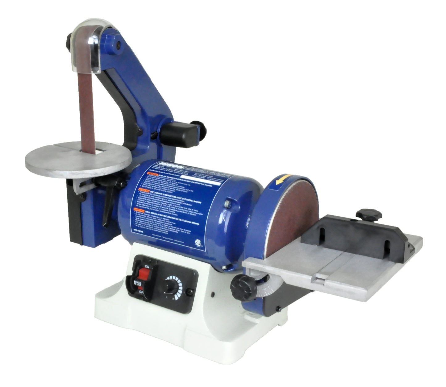 Blue and white bench sander with disc and belt sanding surfaces for woodworking and home improvement tasks