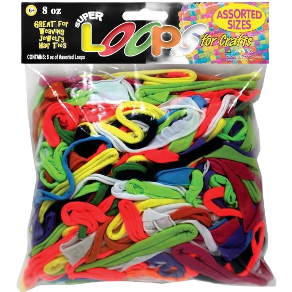 Colorful polyester loops in assorted sizes packaged for crafting, weaving, and jewelry making projects