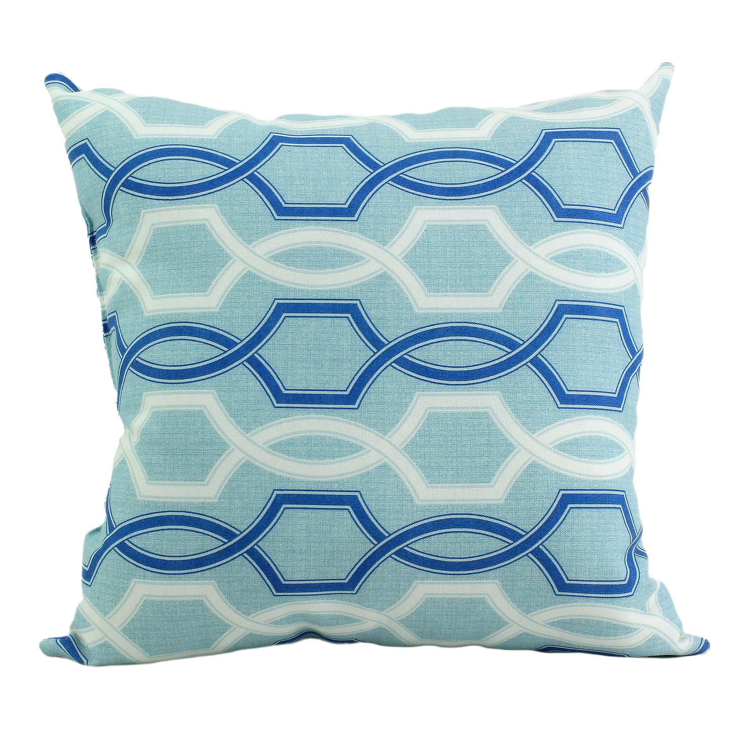 Blue and white patterned 15-inch square outdoor cushion for patio furniture and outdoor living collections under $50