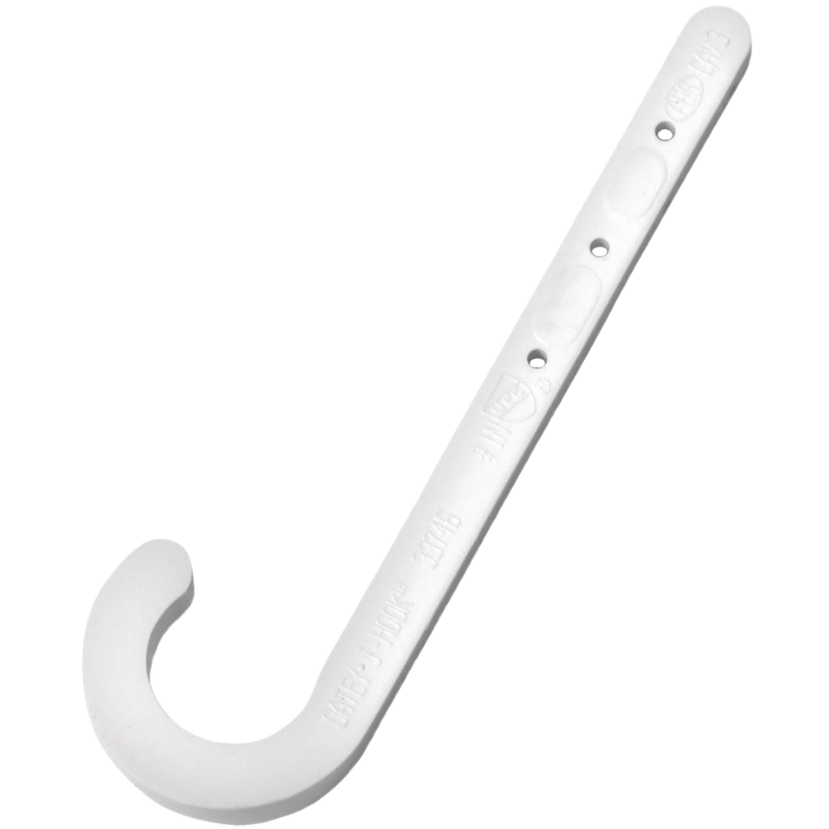 White ABS plastic J-hook pipe holder designed for secure plumbing support in home improvement projects