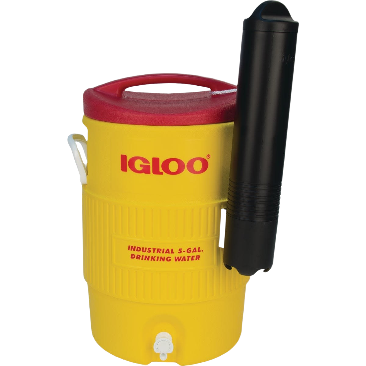 Yellow 5-gallon Igloo water jug with red lid, black cup dispenser, and reinforced handles for outdoor games under $100