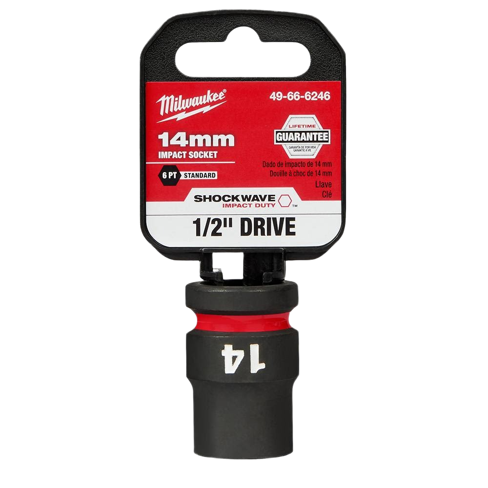 14mm black impact socket with 6-point design and half-inch drive, part of Milwaukee hand tools for home improvement