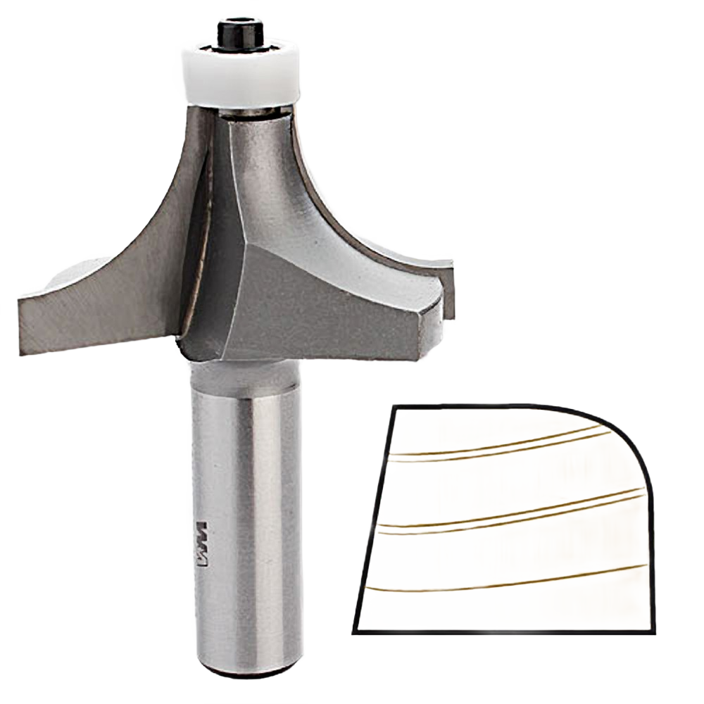 Router bit with non-marring bearing and rounded cutting edge for woodworking in tool accessories and drill bits collections