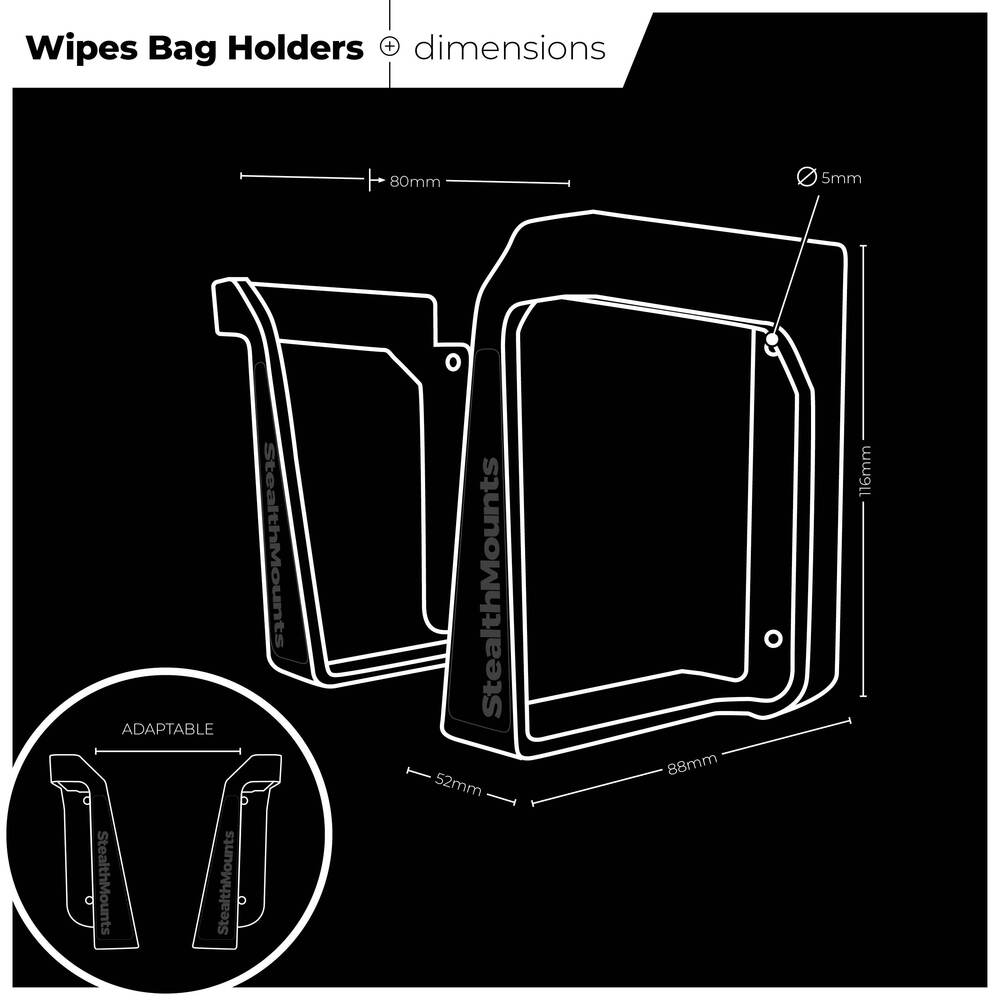 Black durable wipe holders with mounting holes, fitting most wipes up to 80mm deep for garage and dorm storage organization.
