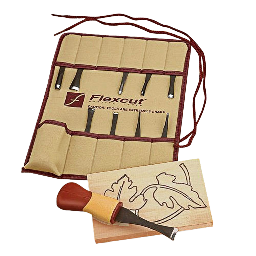 Set of precision carving tools with wooden handle and fabric roll-up pouch for detailed craft and home improvement tasks