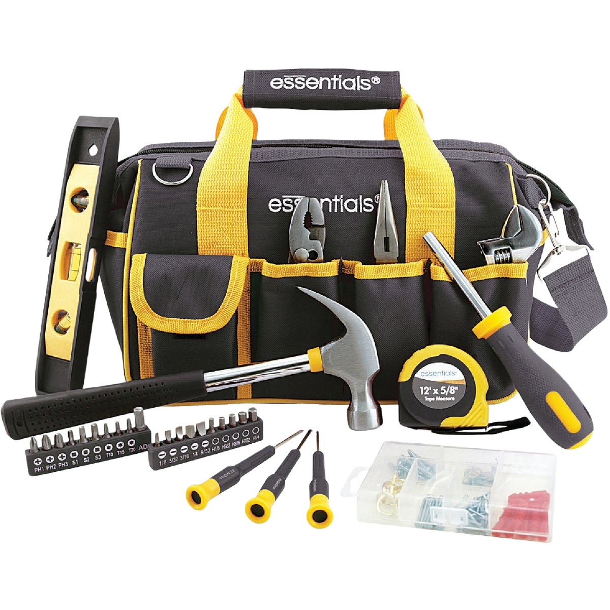 Black and yellow tool bag with essential homeowner tools and hardware for workshop organization and home improvement tasks