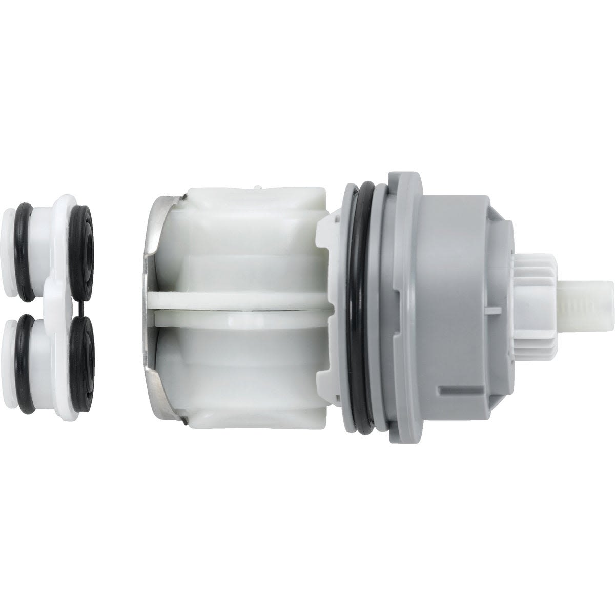 White and gray universal faucet cartridge assembly with rubber O-rings for bathtub and shower repair in home improvement tasks
