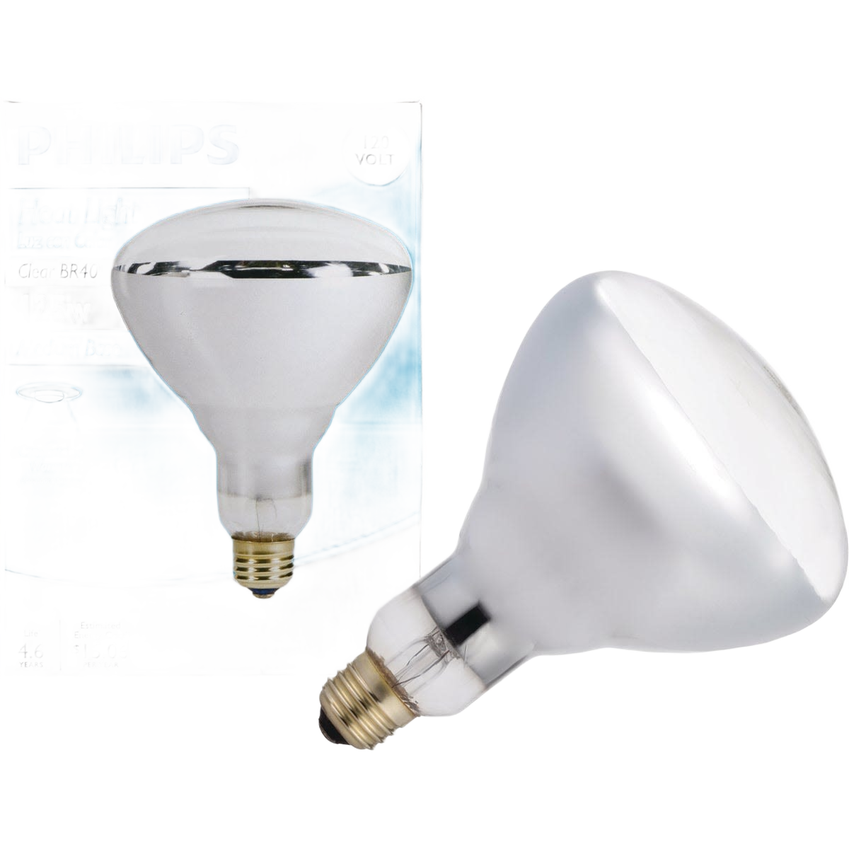 Incandescent heat light bulb with medium base displayed next to blue and white retail packaging from lighting collections