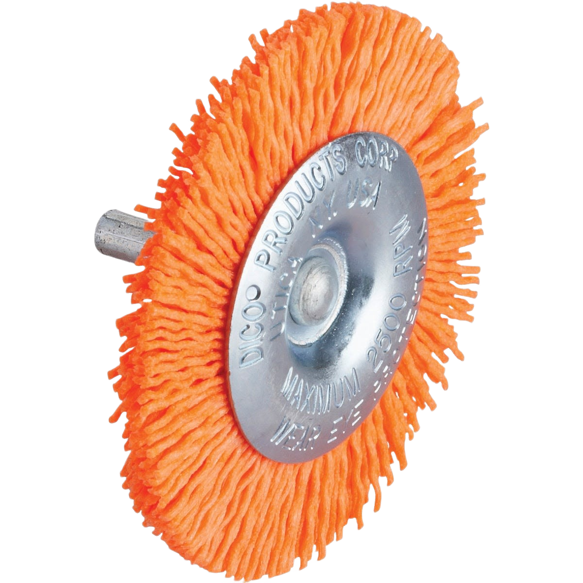 Coarse orange nylon wheel brush with metal center for power tool accessories, ideal for rust and paint removal tasks.