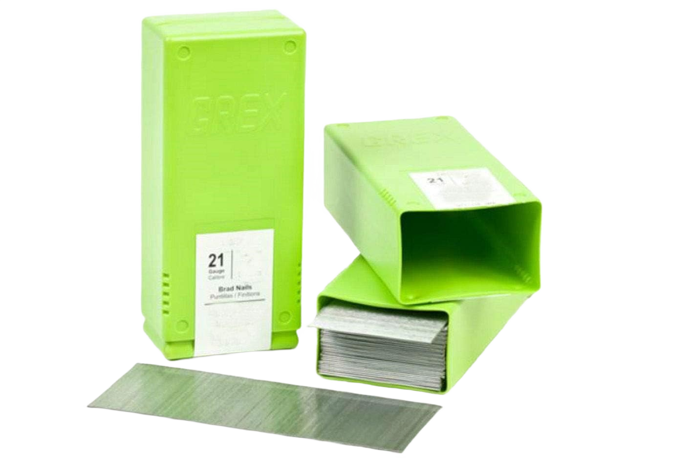 Green plastic containers holding galvanized 21 gauge brad nails for fasteners in home improvement hardware collection