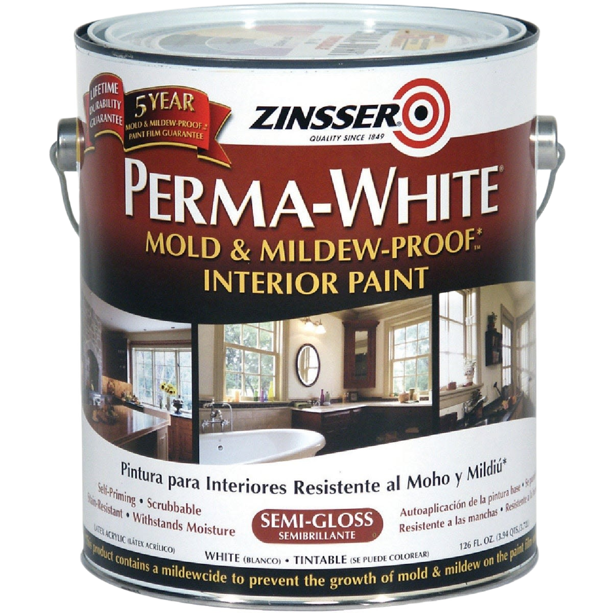 One-gallon can of Zinsser Perma-White semi-gloss interior paint, mold and mildew-resistant for home improvement projects