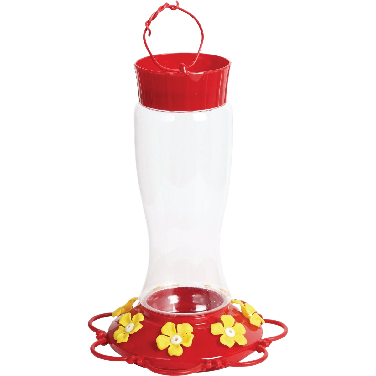 Red and clear plastic hummingbird feeder with yellow flower feeding ports and decorative top handle for garden use